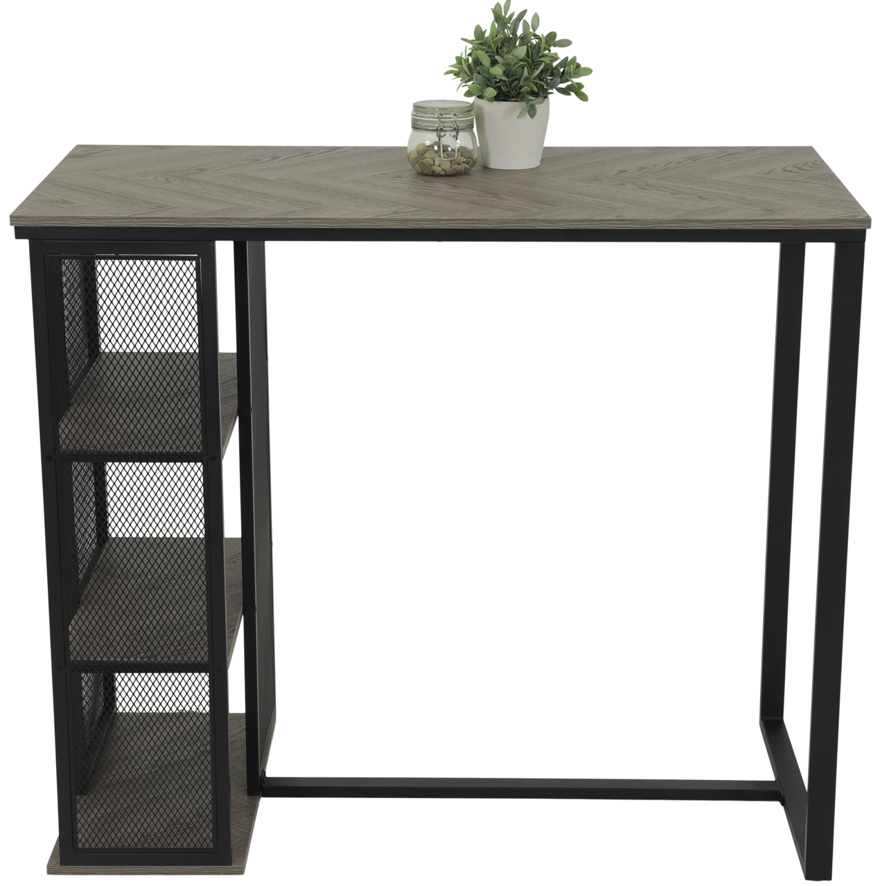 Moderner Bartisch mit Metallgestell und Holzplatte, seitliche Regale, Frontalansicht