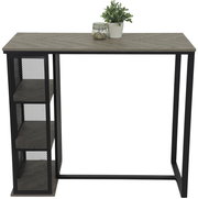 Moderner Bartisch mit Metallgestell und Holzplatte, seitliche Regale, Frontalansicht
