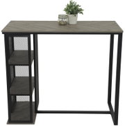 Moderner Bartisch mit Metallgestell und Holzplatte, seitliche Regale, Frontalansicht