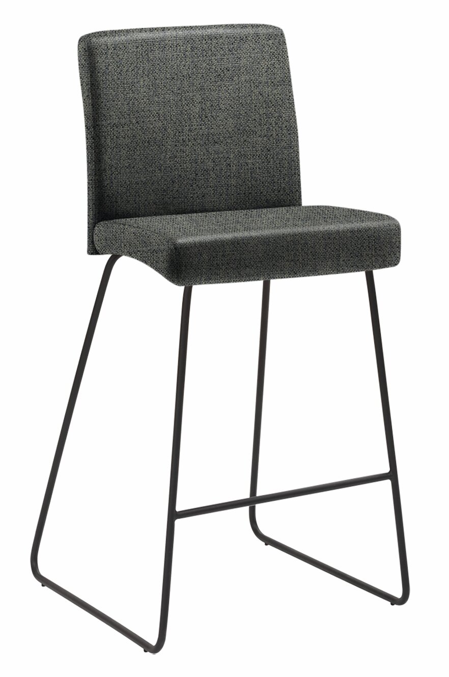 Moderner Barhocker mit gepolstertem Sitz und Rückenlehne in grauem Stoff, seitliche Perspektive