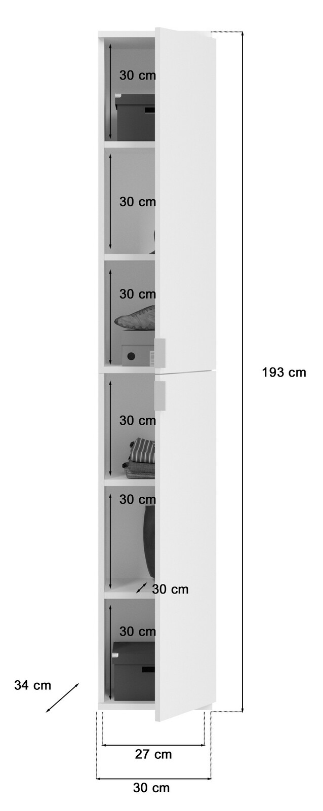 Schmaler, weißer Garderobenschrank mit fünf offenen Fächern, teilweise gefüllt mit Boxen und Kleidung, aus seitlicher Perspektive.