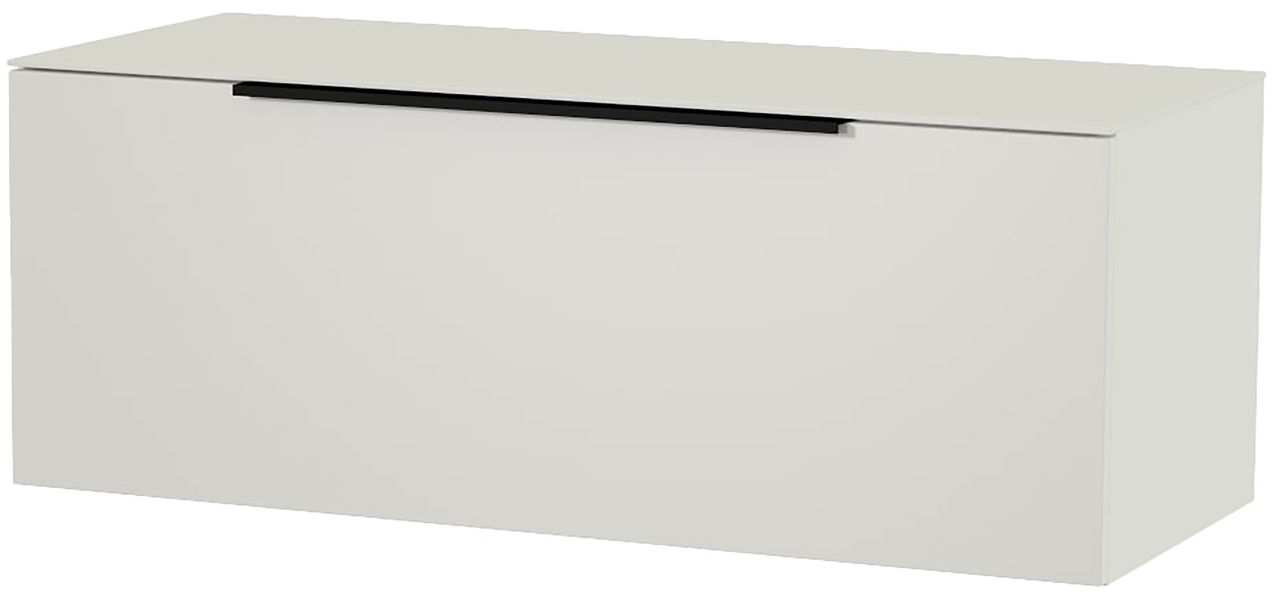 Weißes Hänge-Lowboard mit schwarzem Griff, seitliche Perspektive