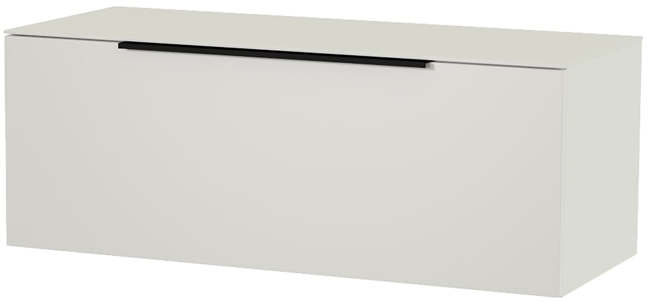 Weißes Hänge-Lowboard mit schwarzem Griff, seitliche Perspektive