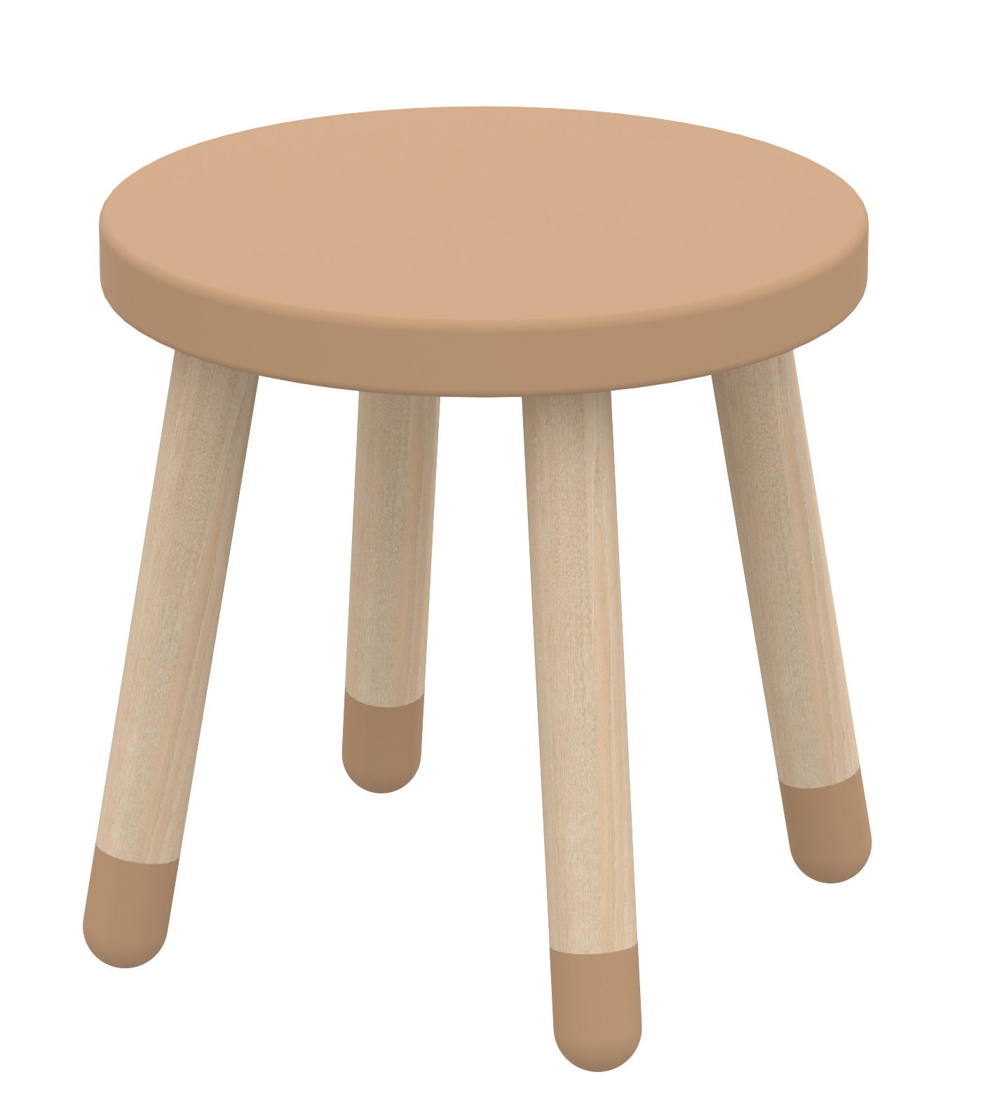 Runder Hocker mit hellbrauner Sitzfläche und vier Holzbeinen, seitliche Perspektive