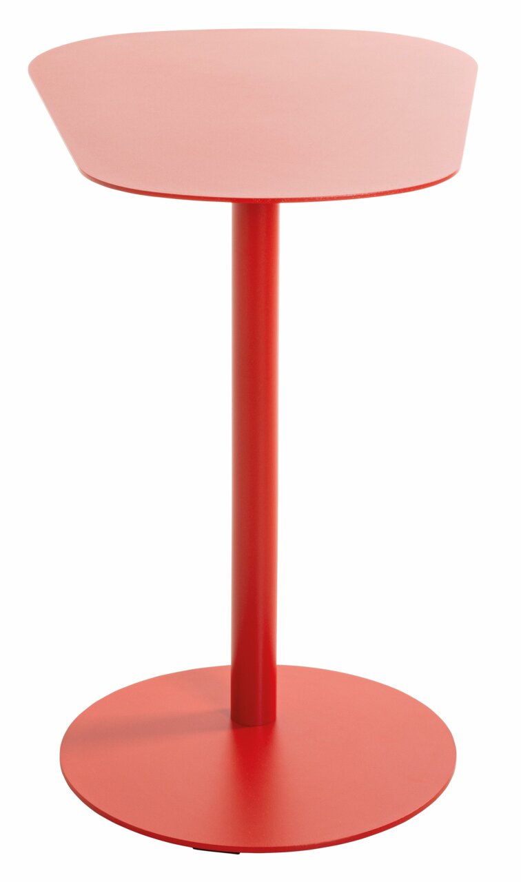Rode bijzettafel met rond tafelblad en centrale poot, vooraanzicht