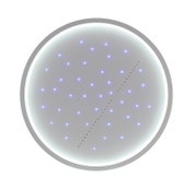 Ronde led-plafondlamp met blauwe lichtpuntjes, gezien van onderaf