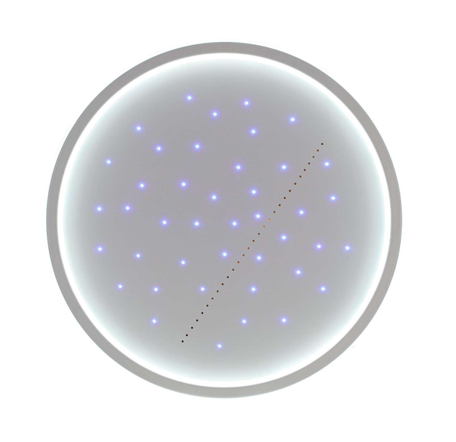 Ronde led-plafondlamp met blauwe lichtpuntjes, gezien van onderaf