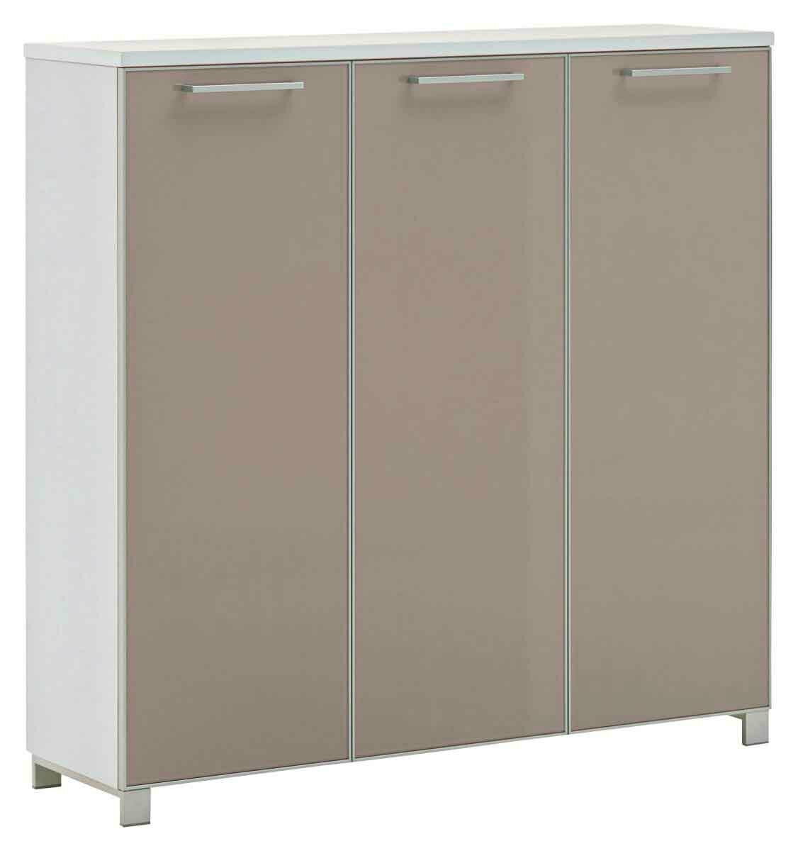 Moderner XL-Schuhschrank mit drei Türen in Beige, seitliche Perspektive