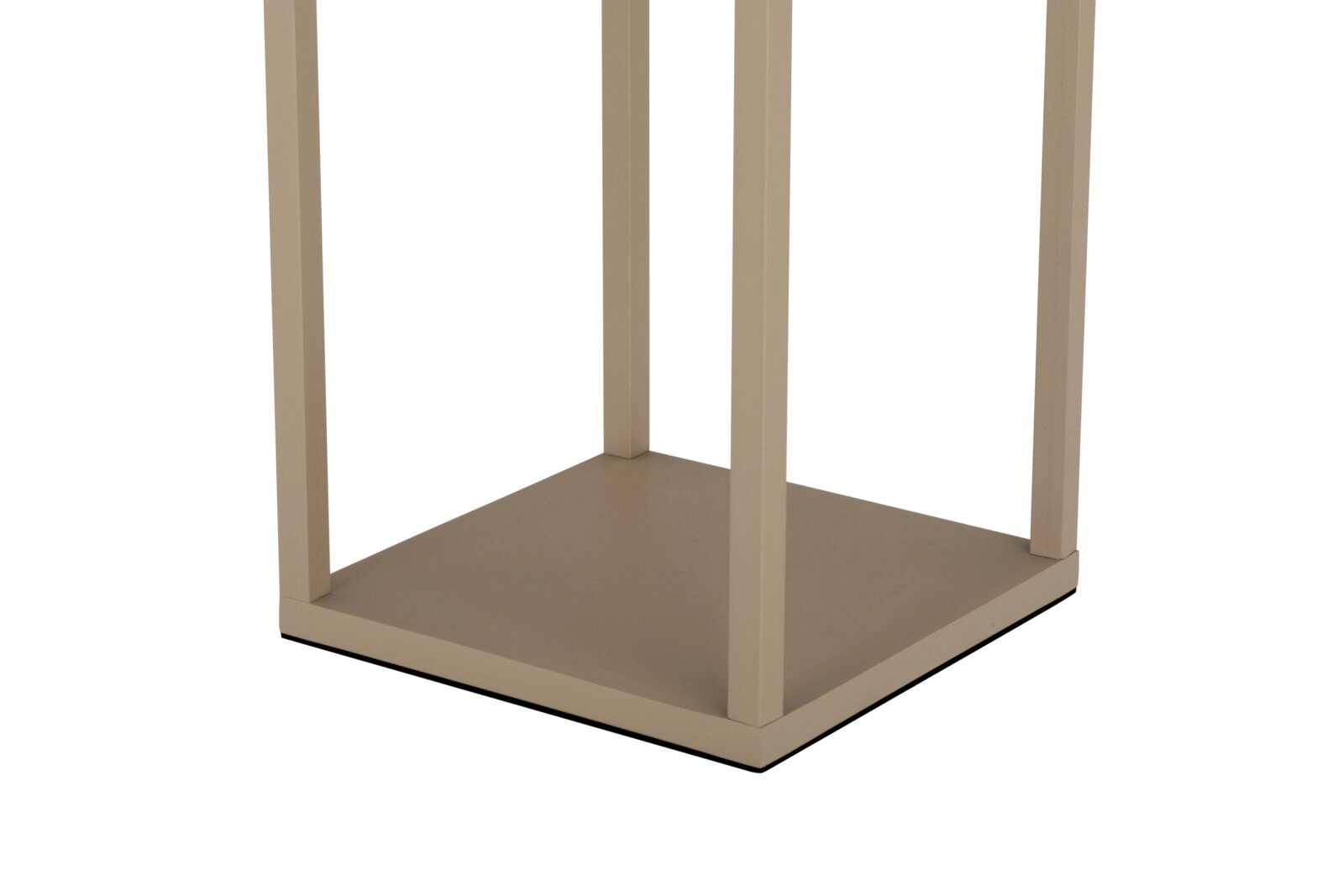 Close-up van de voet van een draagbare tafellamp met een vierkante, beige voet en verticale steunen.