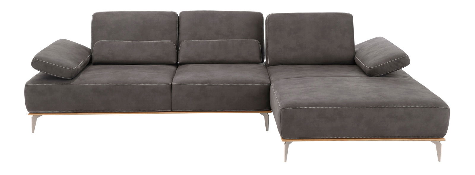 Graue Longchairkombination Valnatura 16580 SPRINT, Frontalansicht mit zwei Sitzplätzen und einem Longchair auf der rechten Seite.