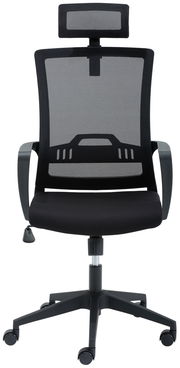 Moderner Drehstuhl mit Netzrückenlehne und verstellbarer Kopfstütze, Frontalansicht