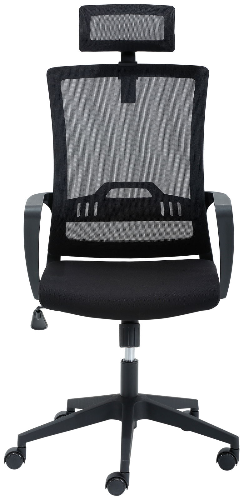 Moderner Drehstuhl mit Netzrückenlehne und verstellbarer Kopfstütze, Frontalansicht