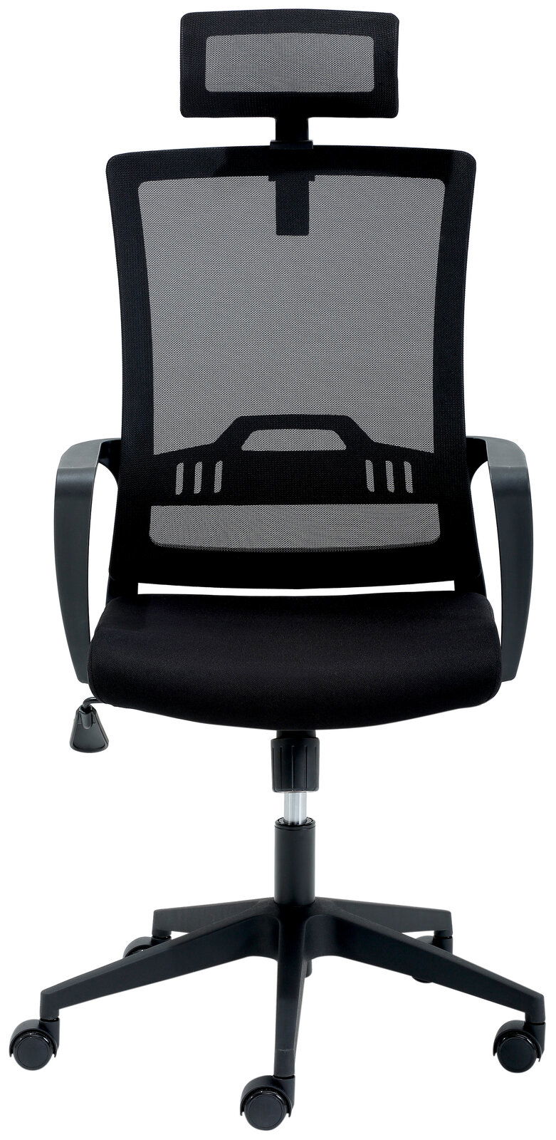 Moderner Drehstuhl mit Netzrückenlehne und verstellbarer Kopfstütze, Frontalansicht