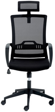 Moderner Drehstuhl mit Netzrückenlehne und verstellbarer Kopfstütze, Frontalansicht