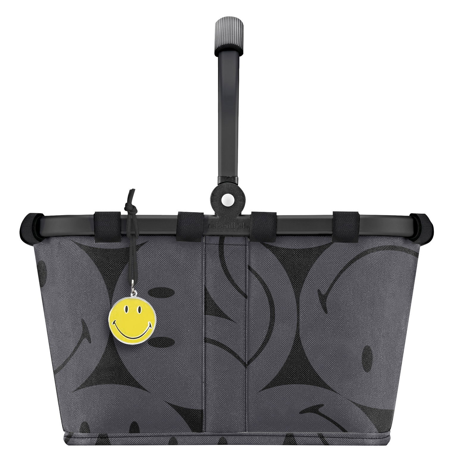 Grauer Einkaufskorb mit schwarzem Smiley-Muster und gelbem Smiley-Anhänger, Vorderansicht