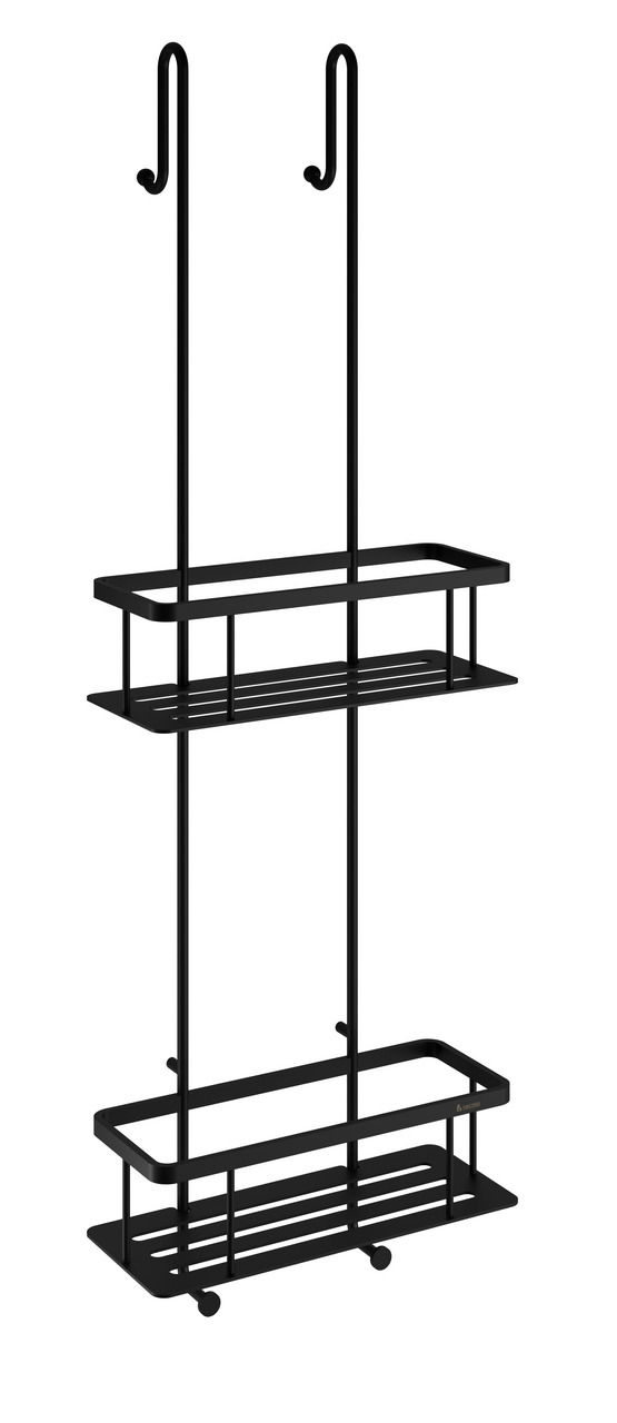 Schwarzer Duschkorb mit zwei Ablagen, frontal und seitlich betrachtet, ideal zur Aufbewahrung von Duschutensilien.