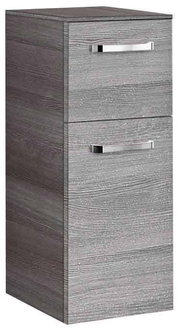 Graues Highboard mit zwei Schubladen und silbernen Griffen, seitliche Perspektive