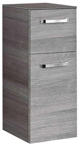 Graues Highboard mit zwei Schubladen und silbernen Griffen, seitliche Perspektive