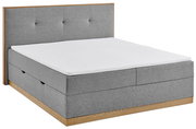 Graues Boxbett mit Holzdetails, seitliche Perspektive