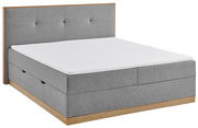 Graues Boxbett mit Holzdetails, seitliche Perspektive