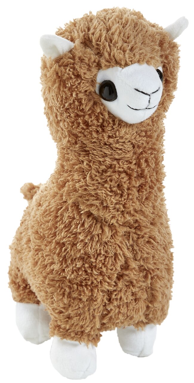 Plüschiges braunes Alpaka-Stofftier mit weißem Gesicht und großen Augen, seitliche Perspektive