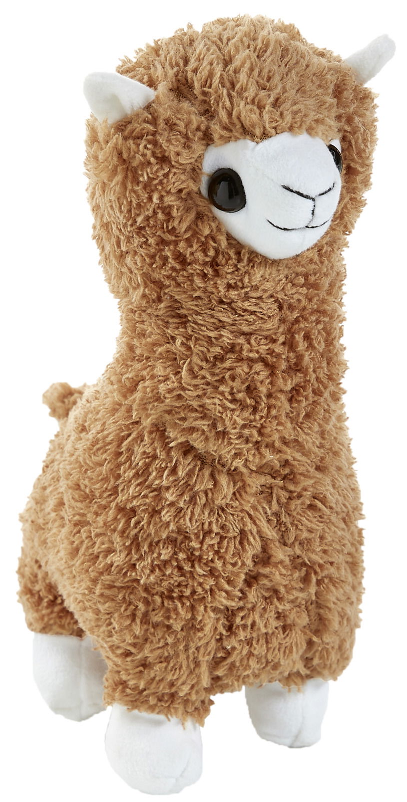 Plüschiges braunes Alpaka-Stofftier mit weißem Gesicht und großen Augen, seitliche Perspektive