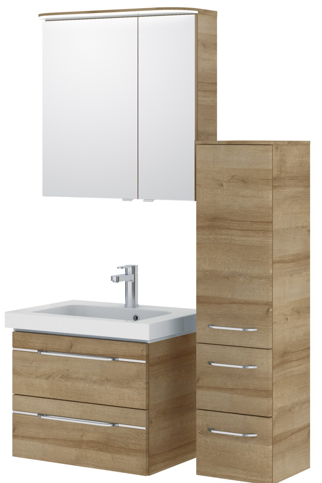 Moderner Badblock in Holzoptik mit Waschbecken, Spiegelschrank und Hochschrank, Frontalansicht