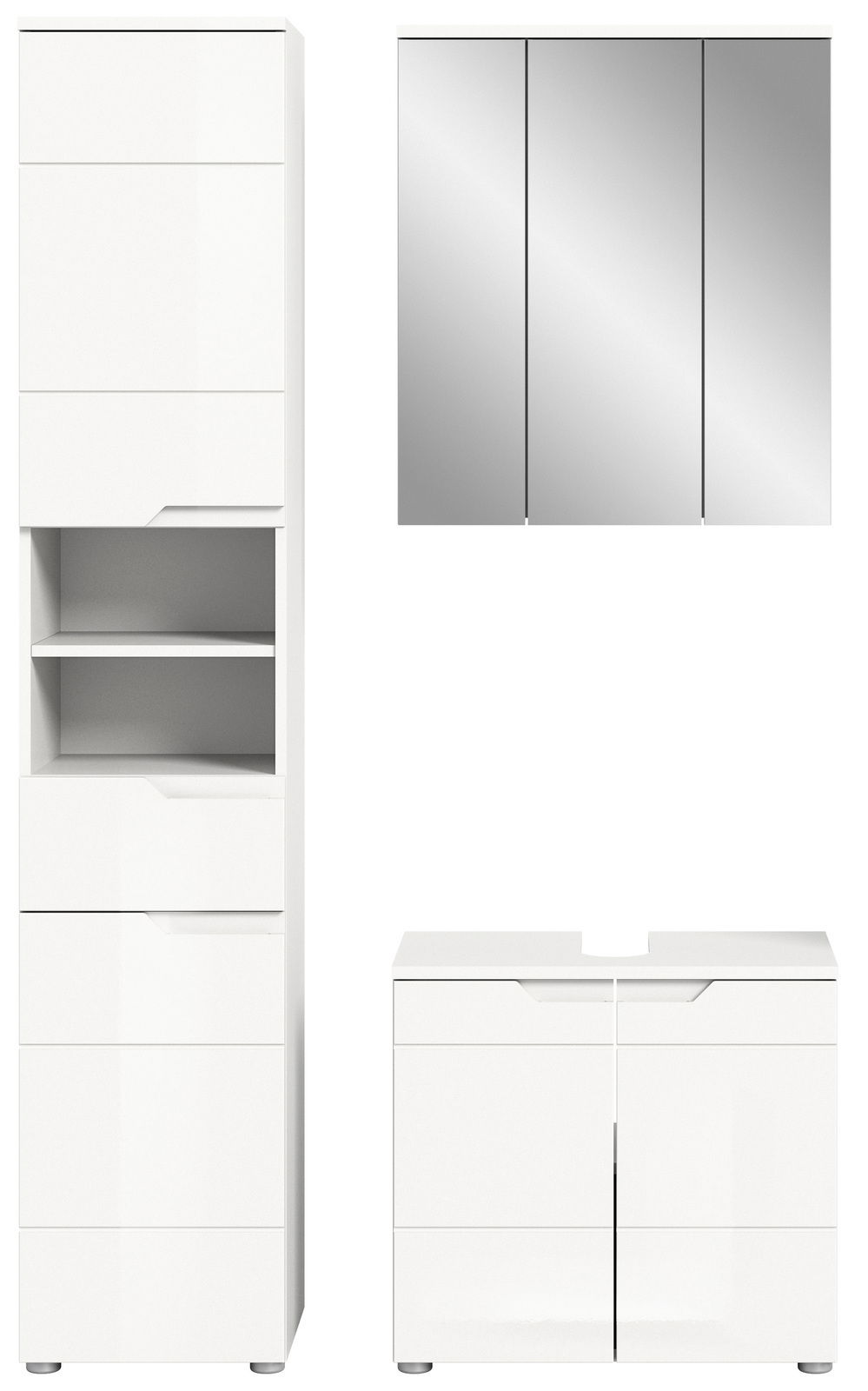 Moderne Badkombination in Weiß mit hohem Schrank, Spiegelschrank und Unterschrank, frontal abgebildet.