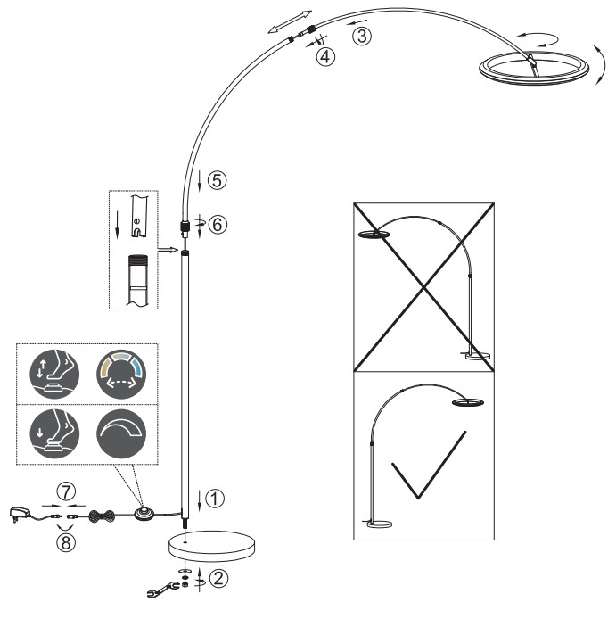 Diagramm einer LED-Bogenleuchte aus seitlicher Perspektive mit verstellbarem Arm und rundem Lampenschirm.