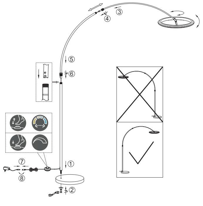 Trio Leuchten LED-Bogenleuchte AMADOR Diagramm einer LED-Bogenleuchte aus seitlicher Perspektive mit verstellbarem Arm und rundem Lampenschirm.