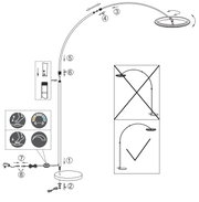 Schets van een LED-booglamp vanuit zijaanzicht, met verstelbare arm en ronde lampenkap.