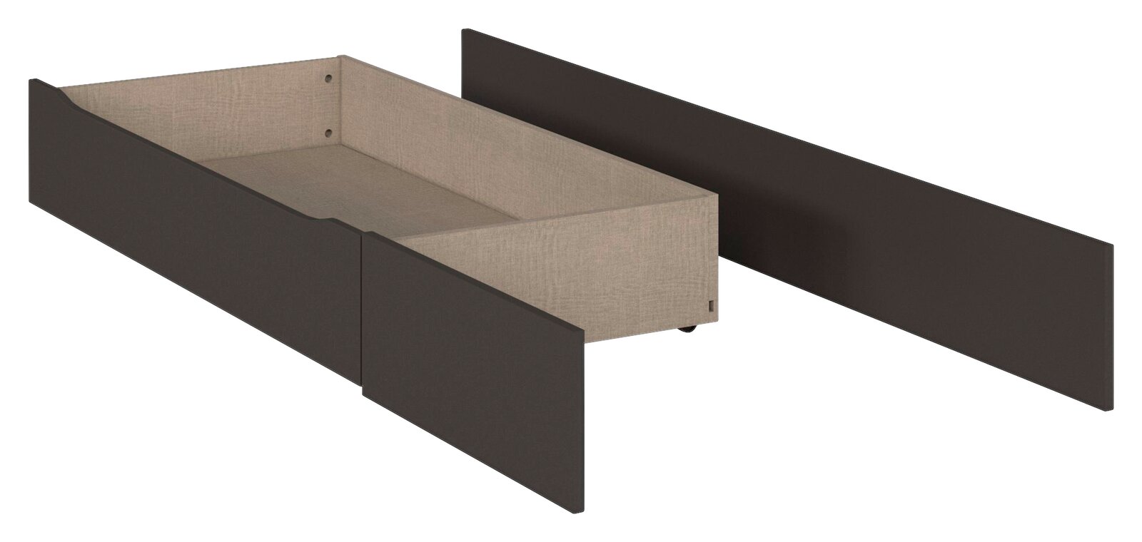 XORA Sockelschubkasten für Bett 140 ENDORA-F Ausziehbarer Bettkasten/Schublade in Beige mit schwarzen Front- und Seitenblenden, freigestellt, in schräger Perspektive von vorne links
