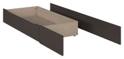 Uitschuifbare bedbak/lade in beige met zwarte voor- en zijpanelen, vrijstaand, in schuin perspectief van linksvoor
