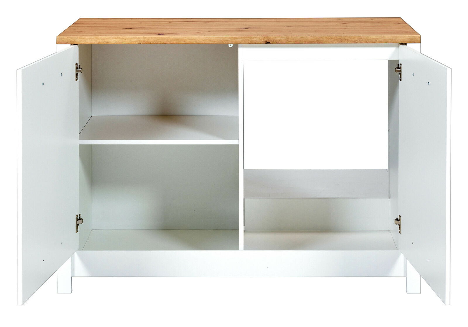 Spülenunterschrank SORBA mit geöffneter Frontansicht, zwei Türen und einem Regalbrett, Holzoberfläche