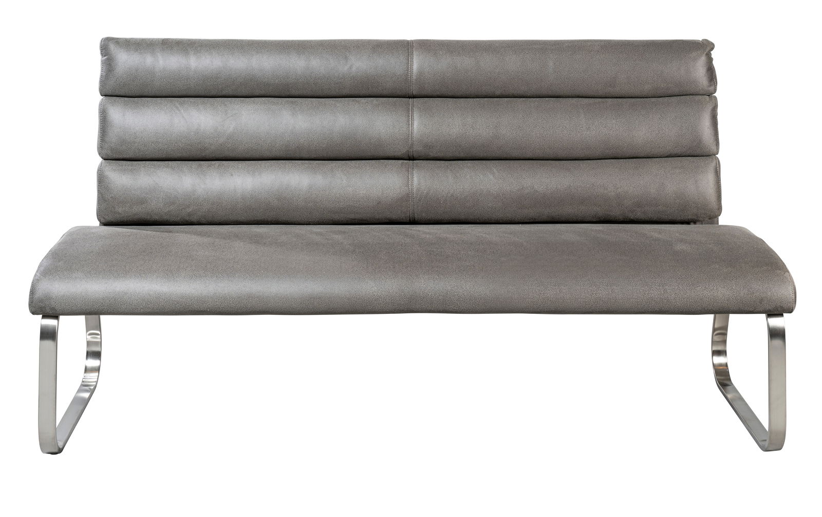Graue Bank mit gepolsterter Rückenlehne und Sitzfläche, aus der Vorderansicht fotografiert, mit gebogenen Metallbeinen.