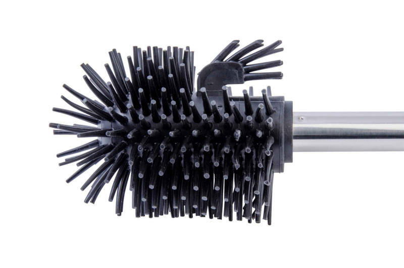 Nahaufnahme eines schwarzen Silikonbürstenkopfes mit Ersatzstiel, seitliche Perspektive
