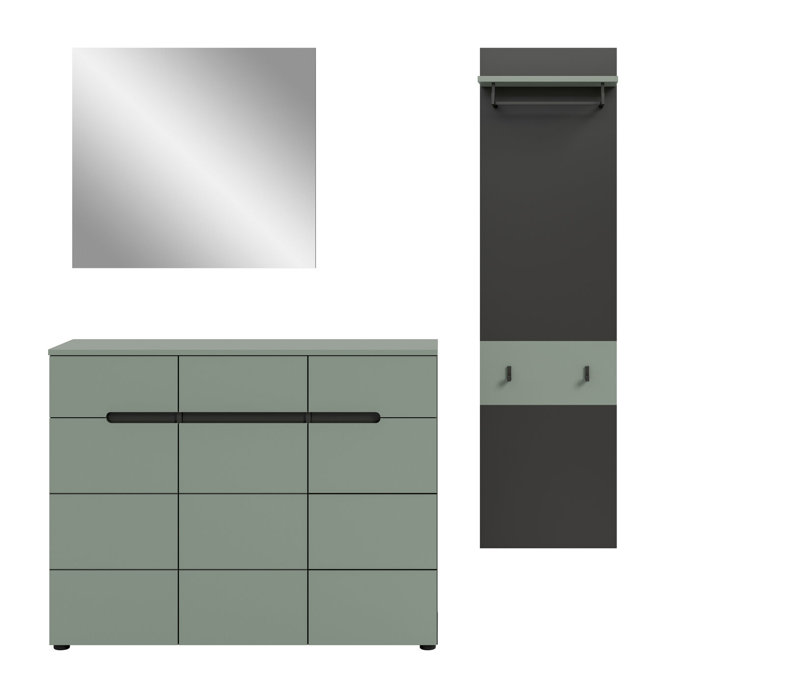 Modernes Badezimmermöbel-Set mit quadratischem Spiegel, grün-grauem Waschtischunterschrank mit schwarzer Griffleiste und schwarzem Hochschrank mit Ablage und Haken, Frontansicht