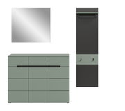 Modernes Badezimmermöbel-Set mit quadratischem Spiegel, grün-grauem Waschtischunterschrank mit schwarzer Griffleiste und schwarzem Hochschrank mit Ablage und Haken, Frontansicht