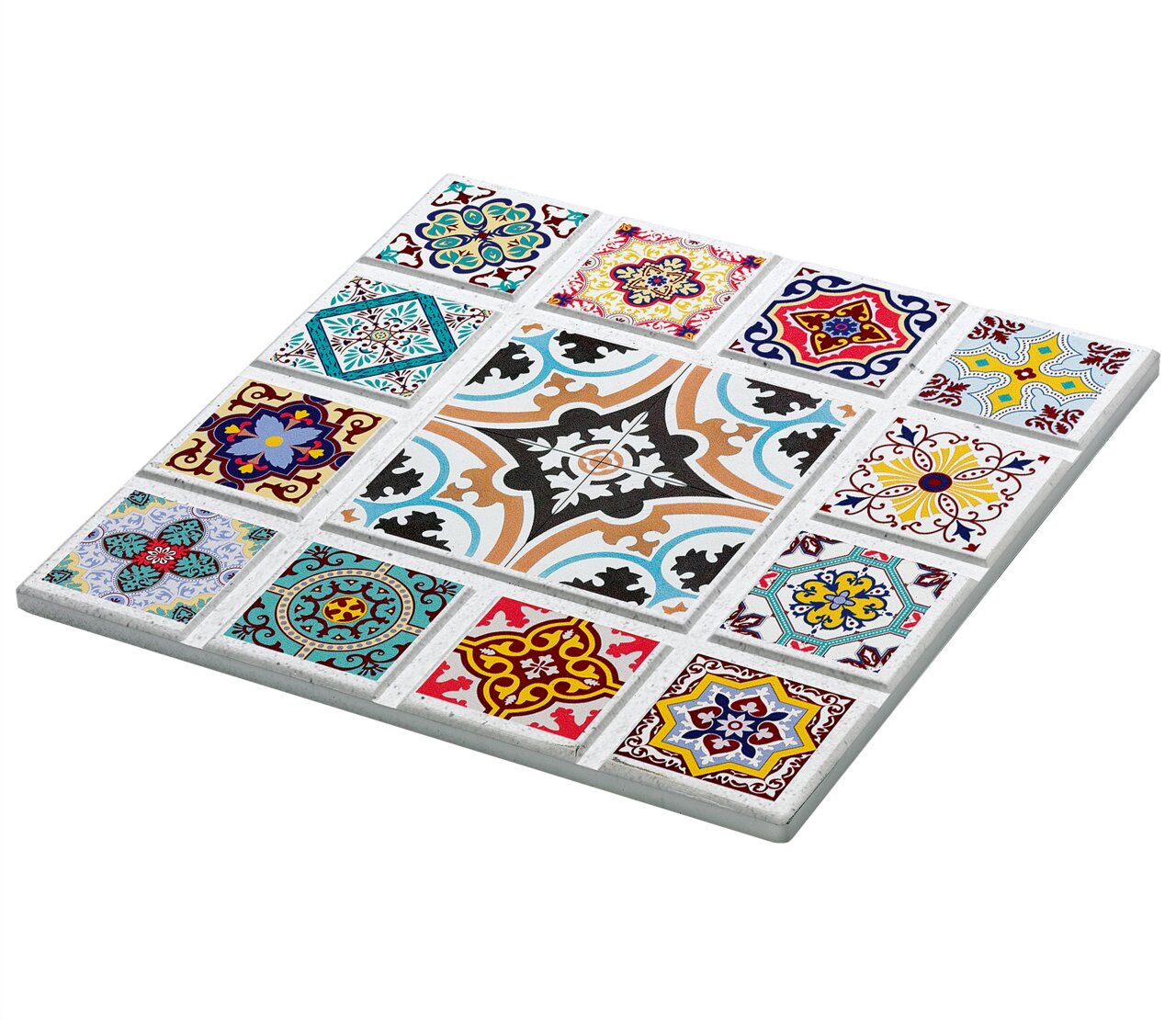 Zassenhaus Untersetzer CASABLANCA Bunte Untersetzer im Mosaikdesign mit verschiedenen Mustern, aus der Vogelperspektive fotografiert.