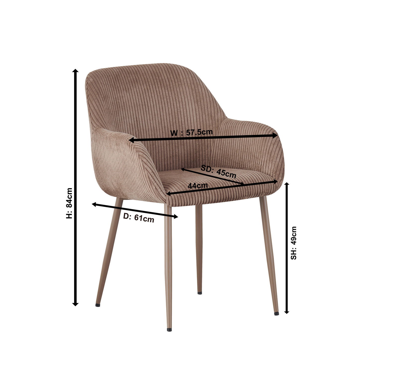 Armlehnstuhl in Seitenansicht mit braunem Stoffbezug und Metallbeinen, Maße: Höhe 84 cm, Breite 57,5 cm, Tiefe 61 cm, Sitzhöhe 49 cm, Sitztiefe 45 cm.