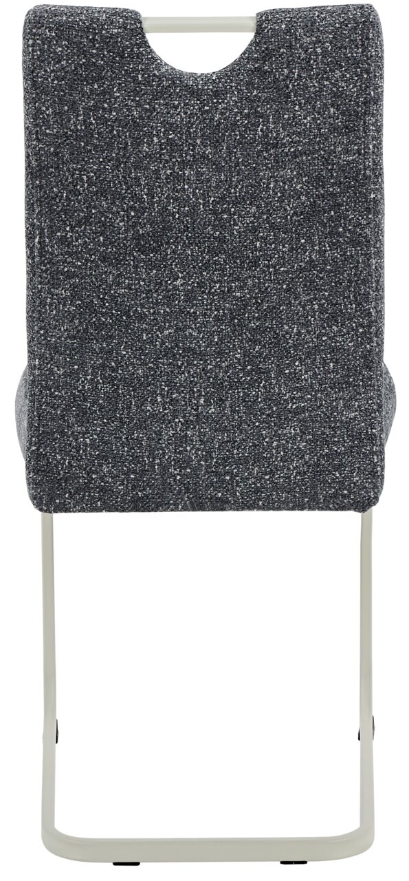 Rückansicht eines modernen Schwingstuhls mit grauem Stoffbezug und hellem Metallgestell.