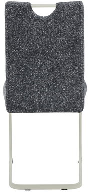 Rückansicht eines modernen Schwingstuhls mit grauem Stoffbezug und hellem Metallgestell.