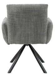 Rückansicht eines grauen Armlehnstuhls mit schwarzem Metallgestell.