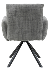 Rückansicht eines grauen Armlehnstuhls mit schwarzem Metallgestell.