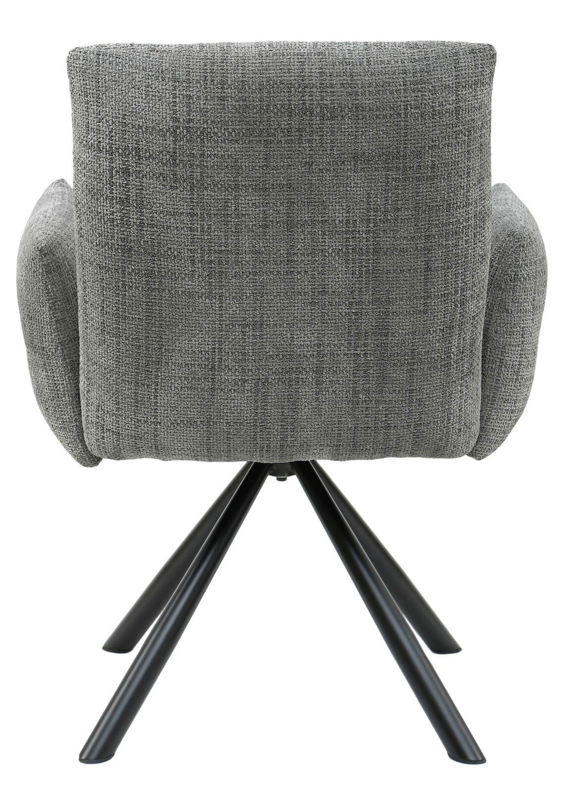 Rückansicht eines grauen Armlehnstuhls mit schwarzem Metallgestell.