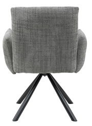 Rückansicht eines grauen Armlehnstuhls mit schwarzem Metallgestell.