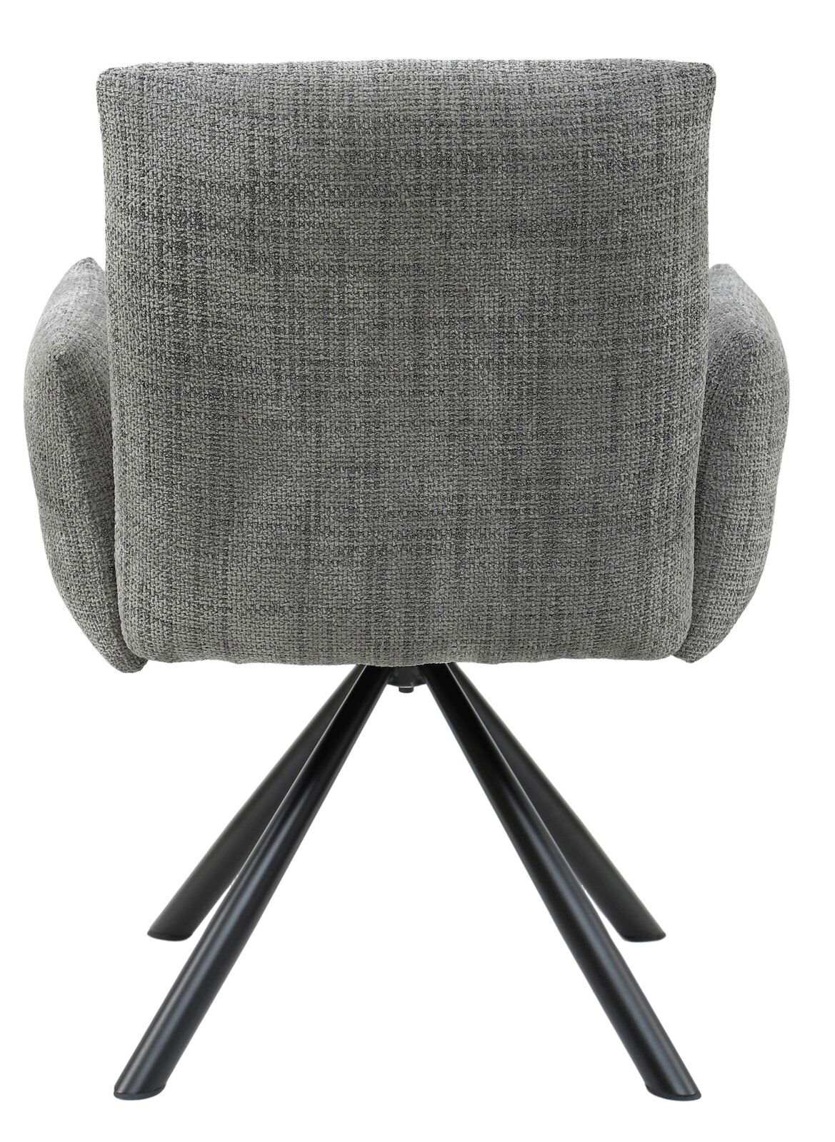 Rückansicht eines grauen Armlehnstuhls mit schwarzem Metallgestell.