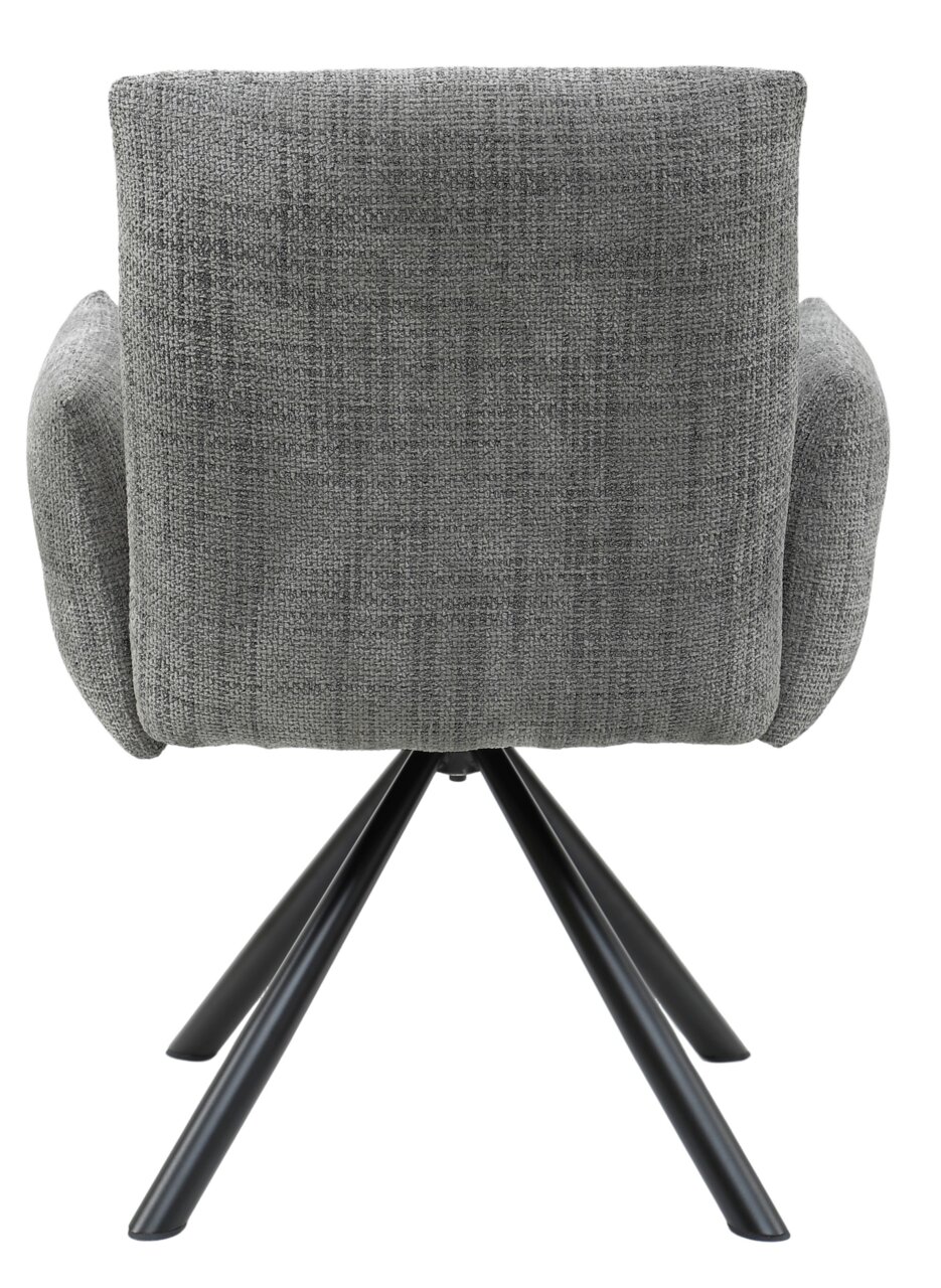 Rückansicht eines grauen Armlehnstuhls mit schwarzem Metallgestell.