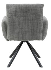 Rückansicht eines grauen Armlehnstuhls mit schwarzem Metallgestell.