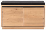 Garderobenbank aus Holz mit schwarzem Sitzpolster, Frontalansicht